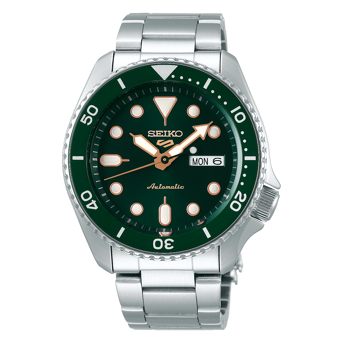 Seiko 5 Sports automatic dive watch 42.5mm, green & steel bracelet SRPD63K1
