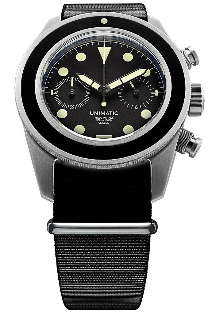 Unimatic Modello Tre UC-3 Classic Chronograph 40mm Black Dial & Nato Strap UC-3