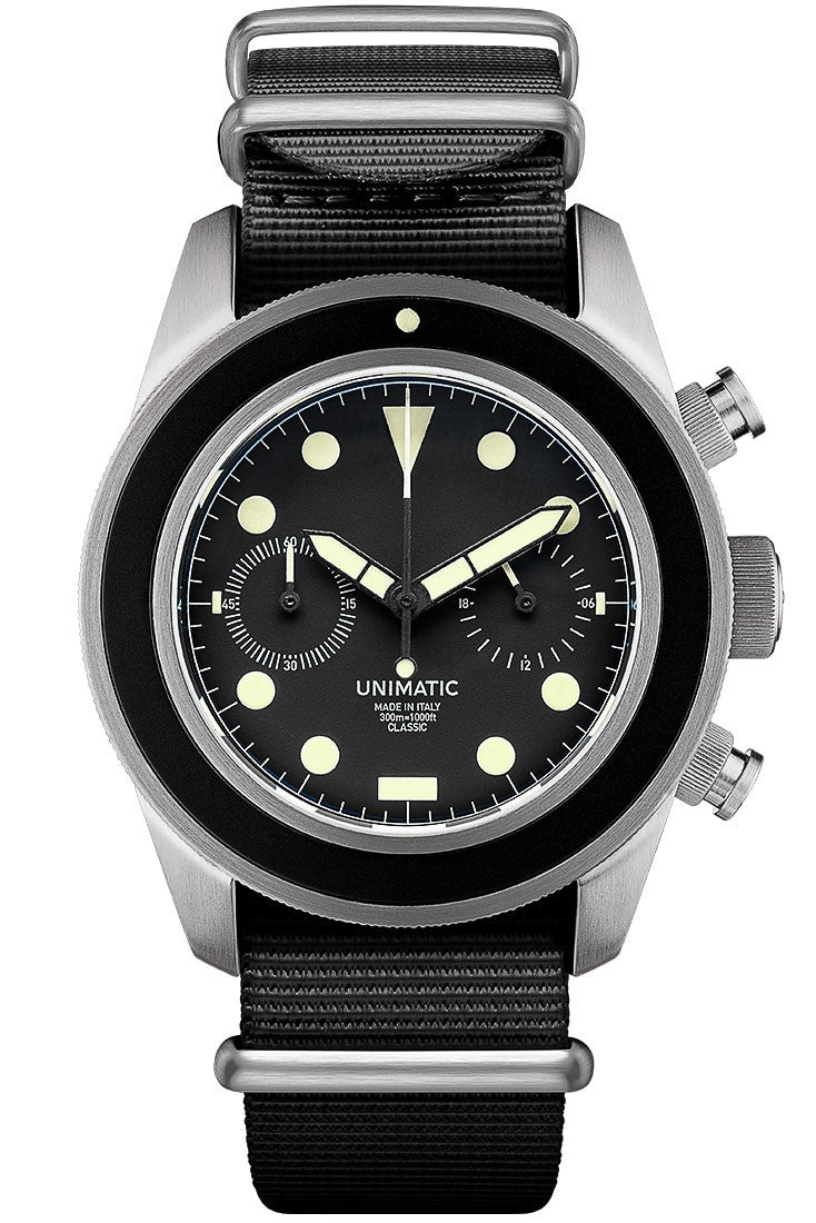 Unimatic Modello Tre UC-3 Classic Chronograph 40mm Black Dial & Nato Strap UC-3