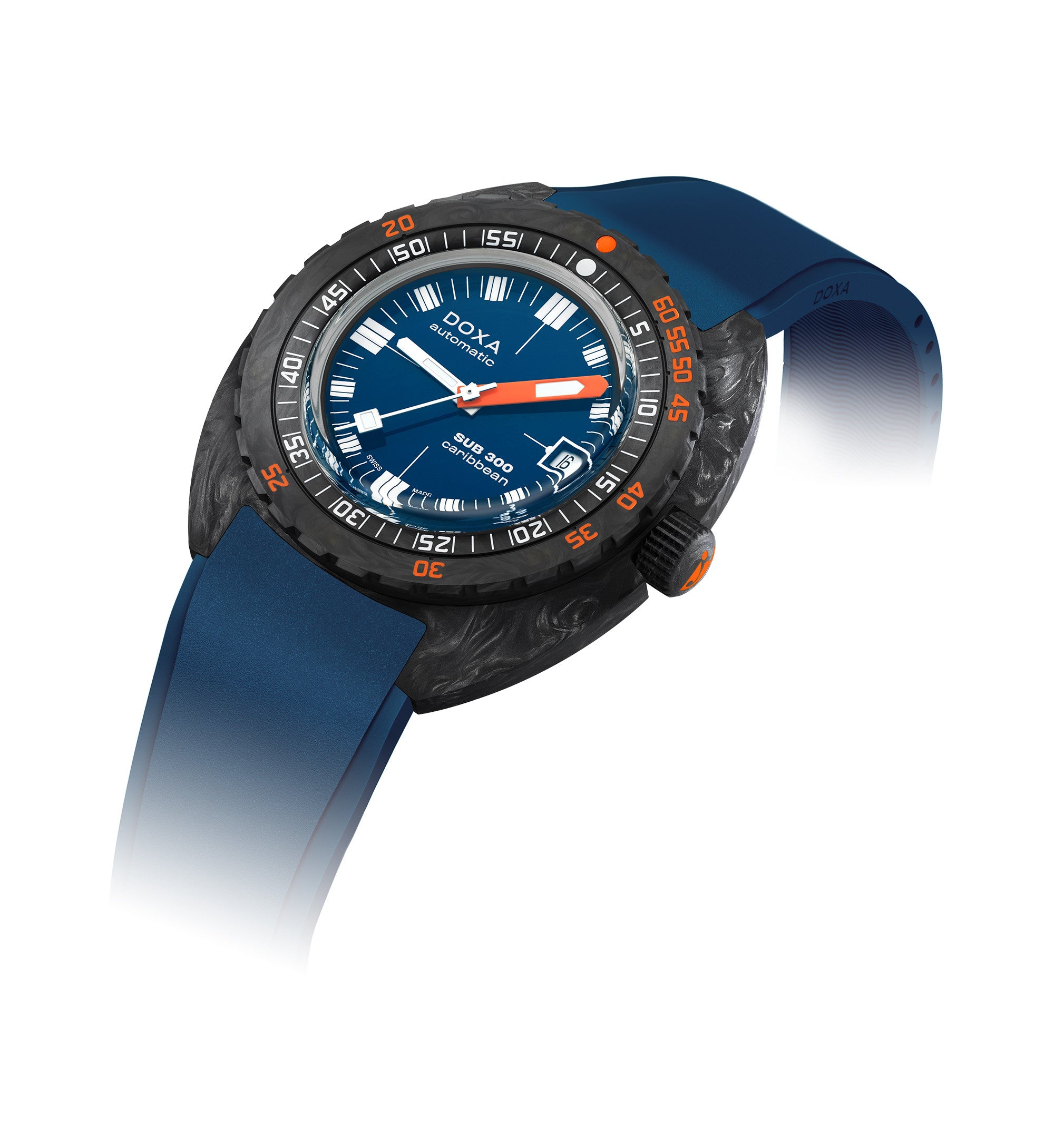 PRE-OWNED DOXA Sub 300 Carbon Caribbean Navy Blue & Rubber Strap 822.70.201.20