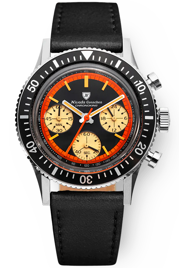 Nivada Grenchen Chronoking "Paul Newman" orange, leather bracelet 87034Q17