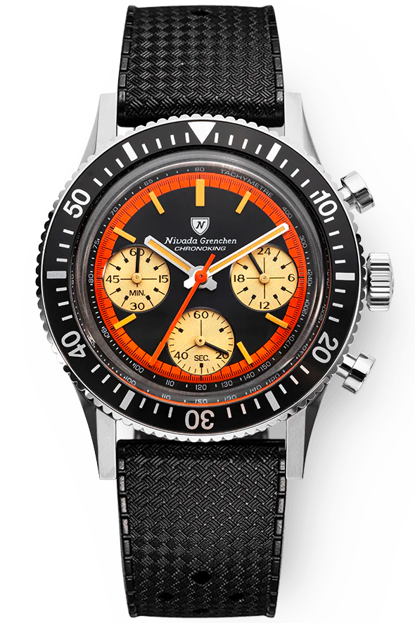 Nivada Grenchen Chronoking "Paul Newman" orange, rubber bracelet 87034Q01