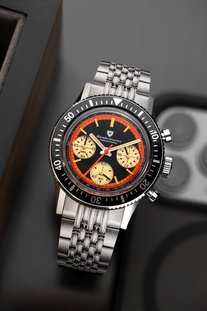 Nivada Grenchen Chronoking "Paul Newman" Orange & Beads Of Rice Bracelet 87034Q04