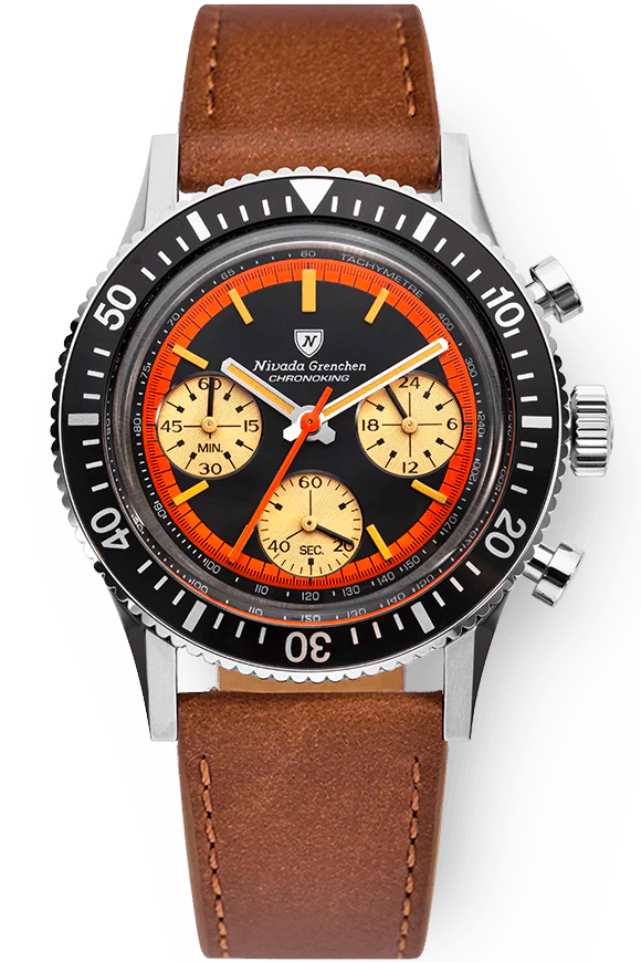 Nivada Grenchen Chronoking "Paul Newman" Orange & Brown Strap 87034Q16