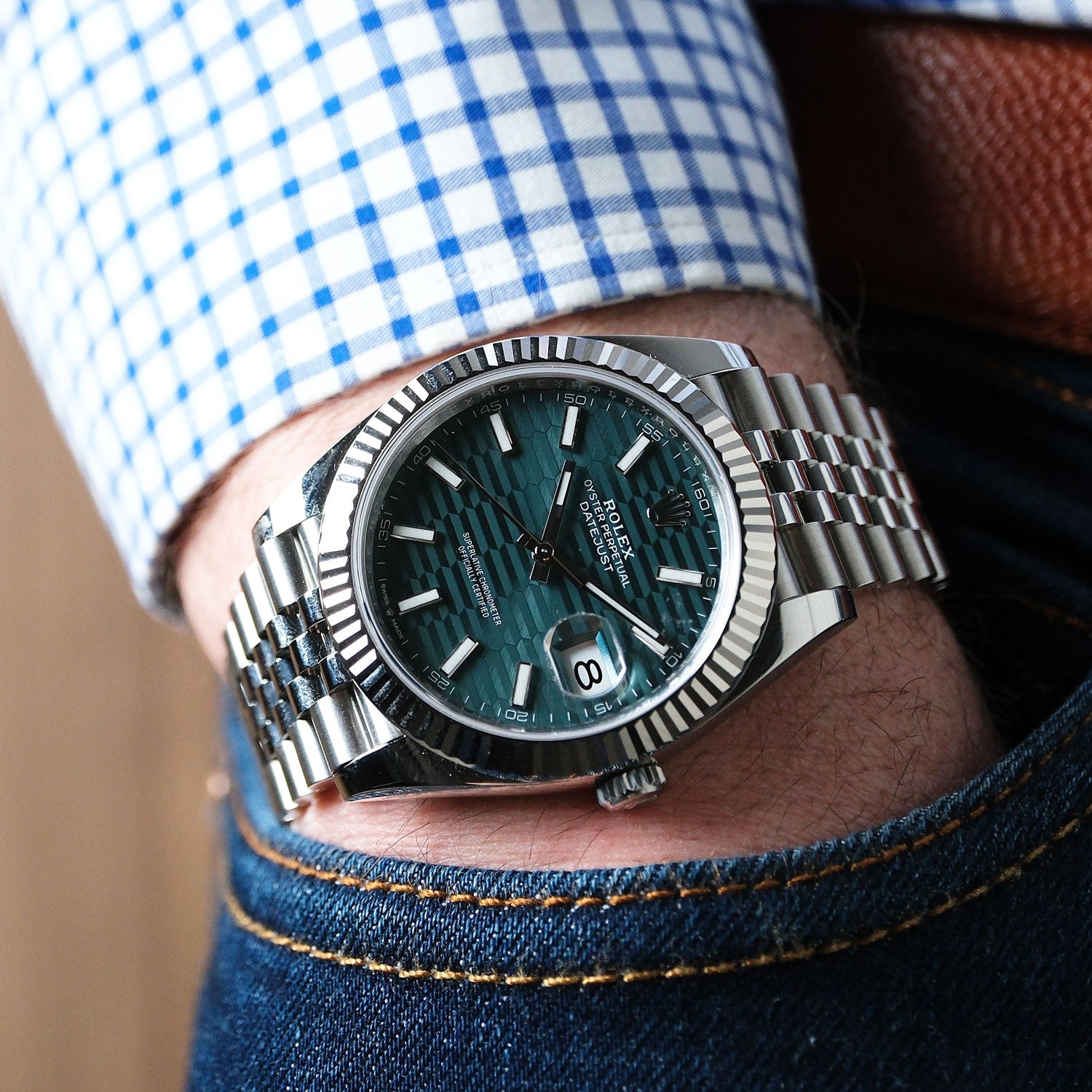BEGAGNAD Rolex Datejust Oyster Mintgrön räfflad urtavla Räfflad ring 126334