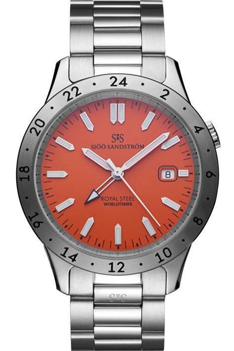 Sjöö Sandström - Royal Steel Worldtimer 41mm Gent's Watch Orange & Steel 020104