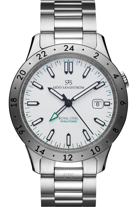 Sjöö Sandström - Royal Steel Worldtimer 41mm Vit & Stållänk 020142