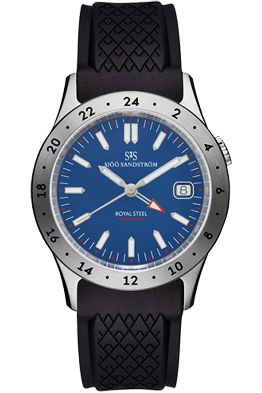 Sjöö Sandström - Royal Steel Worldtimer 36mm Blå & Gummiband 020623