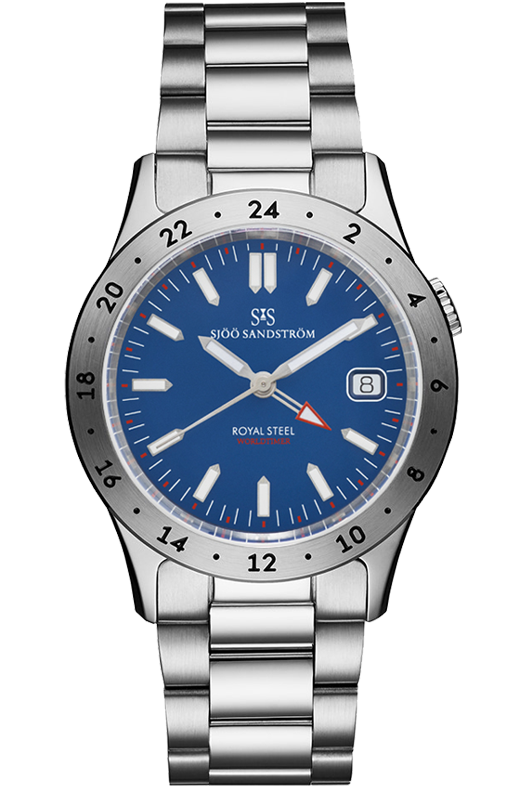 Sjöö Sandström - Royal Steel Worldtimer 36mm Blå & Stållänk 020630