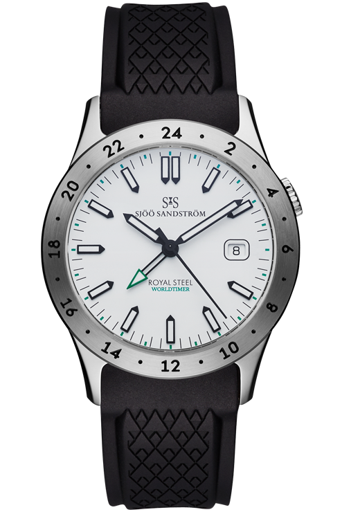Sjöö Sandström - Royal Steel Worldtimer 36mm Vit & Gummiband 020586