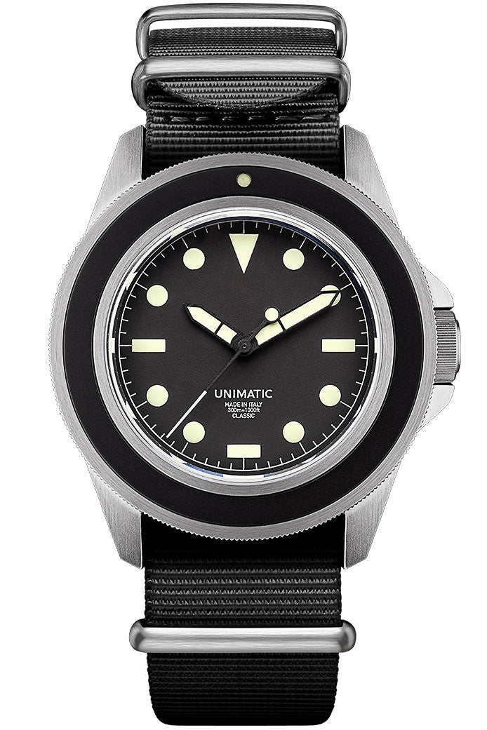 Unimatic - U1 Classic 41,5 mm svart urtavla och Natoband UC-1