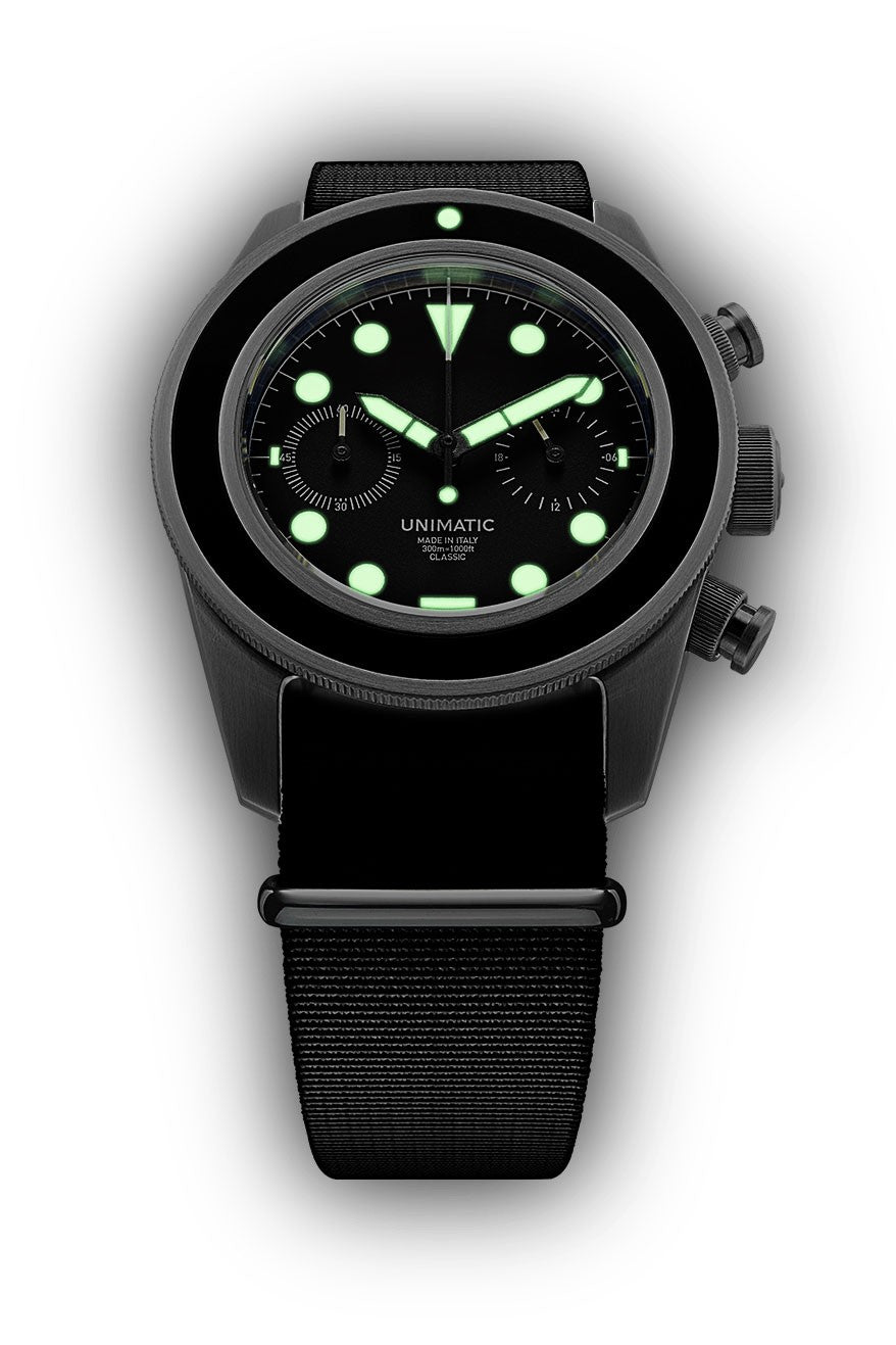 Unimatic Modello Tre UC-3 Classic Chronograph 40mm Black Dial & Nato Strap UC-3