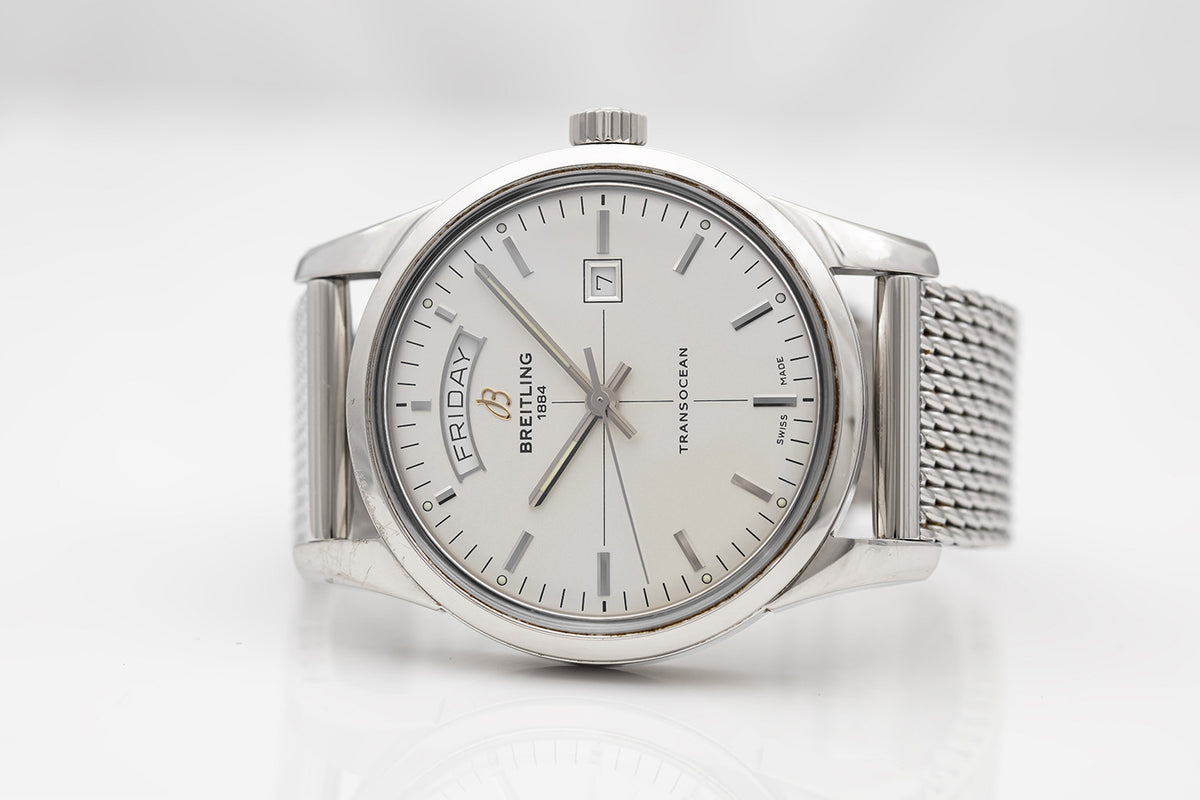 SOLD - PRE-OWNED Breitling Transocean Day-Date Automatic 43mm Silver & Steel A4531012/G751/154A