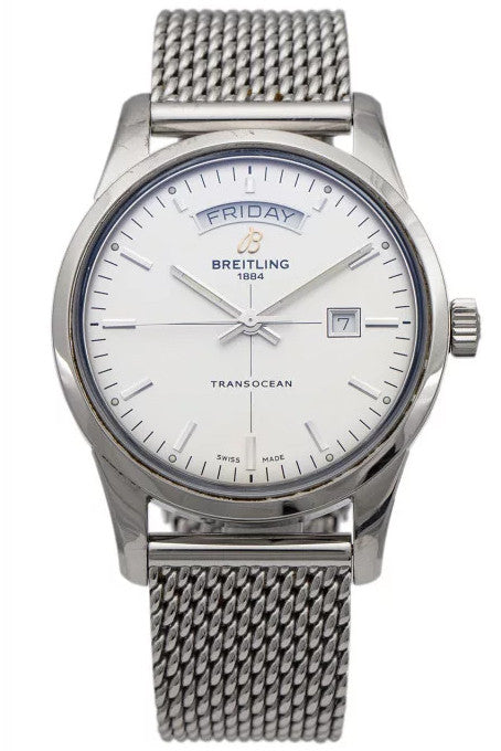 SOLD - PRE-OWNED Breitling Transocean Day-Date Automatic 43mm Silver & Steel A4531012/G751/154A