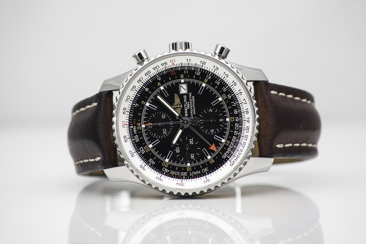SÅLD - BEGAGNAD Breitling Navitimer GMT Chronograph Svart & Läderband A24322