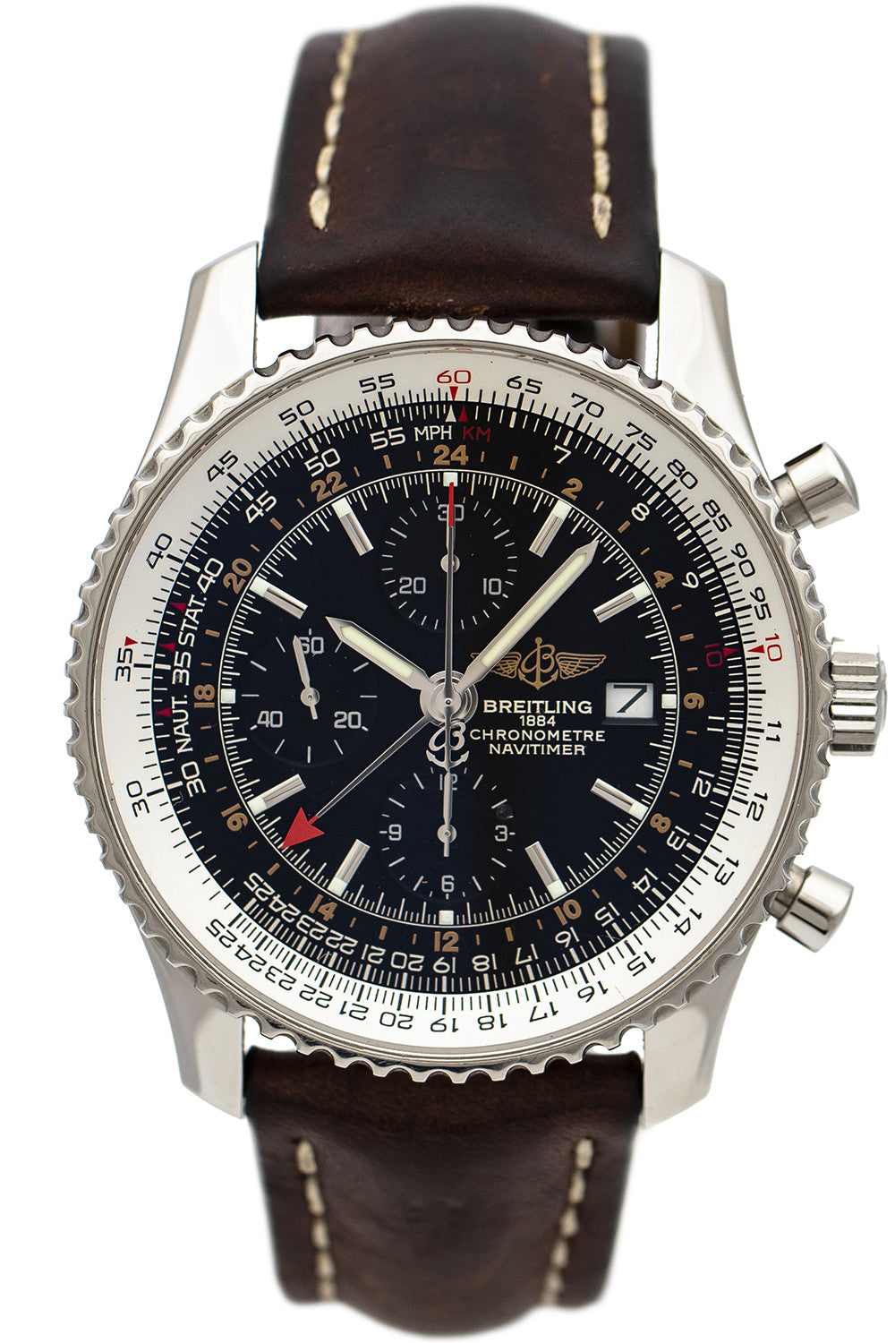 SÅLD - BEGAGNAD Breitling Navitimer GMT Chronograph Svart & Läderband A24322