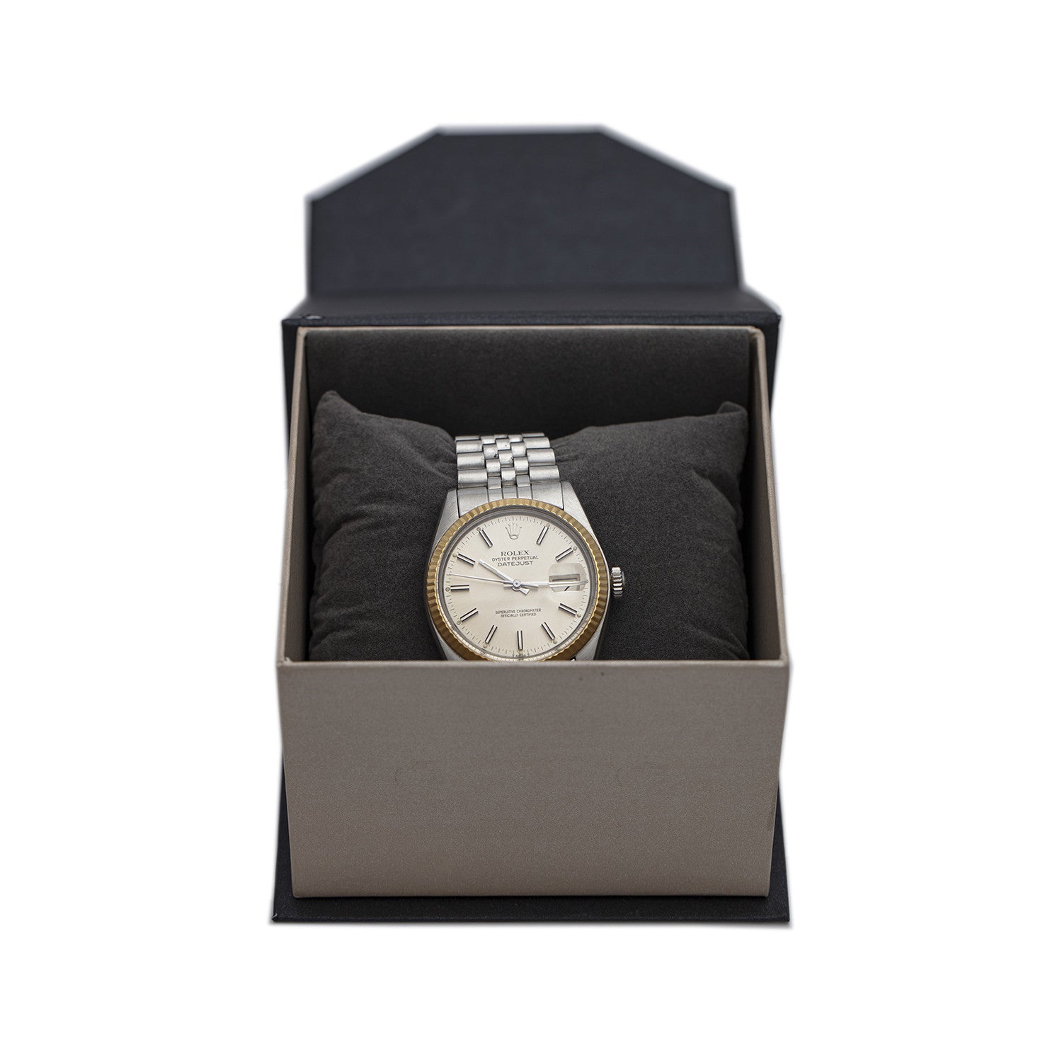 SÅLD - BEGAGNAD Rolex Datejust Grå 18k Bezel & Jubilee-länk 1979 Ref 1600