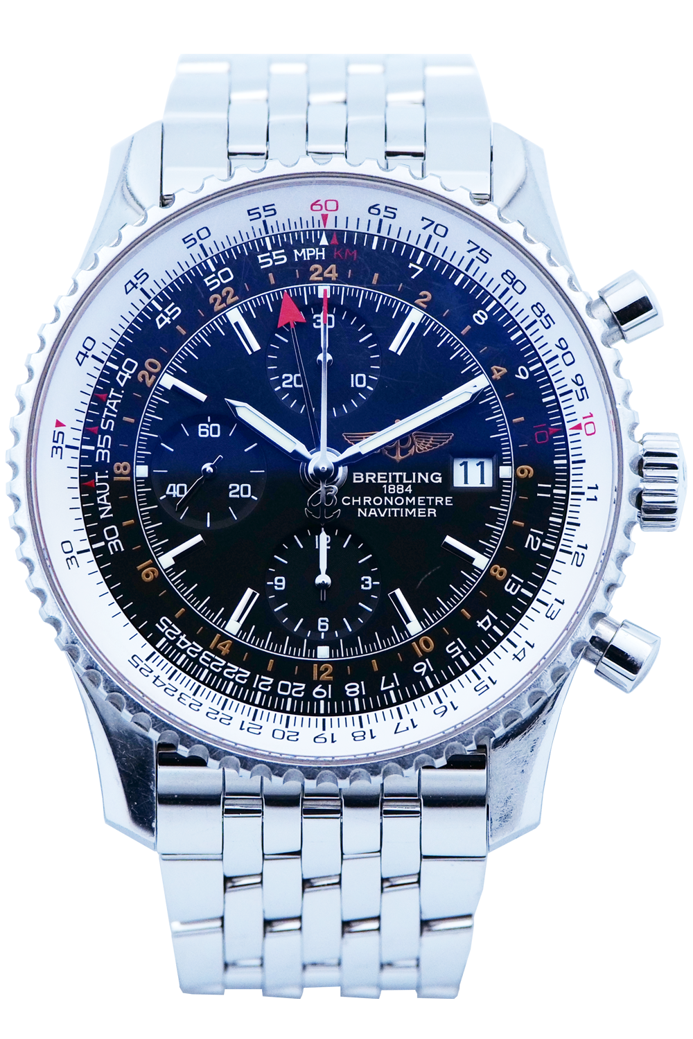 SÅLD - BEGAGNAD Breitling Navitimer World Svart & Länk A24322
