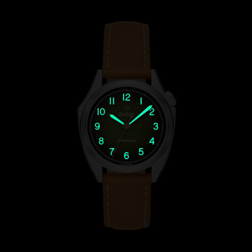 Zodiac Olympos STP 1-11 Swiss Automatic med tre visare brunt läder med grön urtavla ZO9713