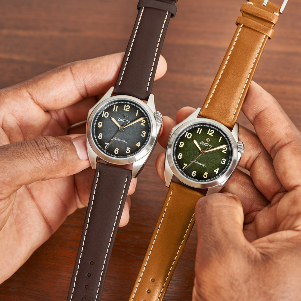 Zodiac Olympos STP 1-11 Swiss Automatic med tre visare brunt läder med grön urtavla ZO9713