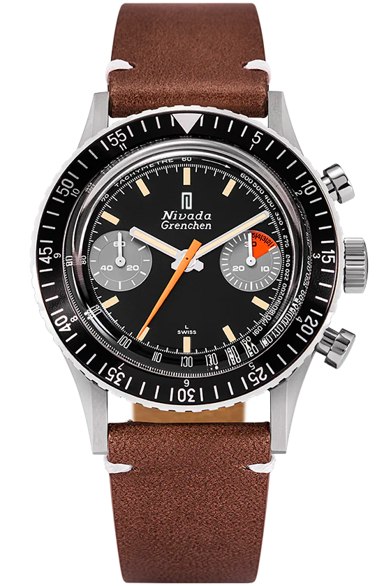 Nivada Grenchen Chronomaster Orange boy SL Manual Brown leather strap with white stitch 86015M02