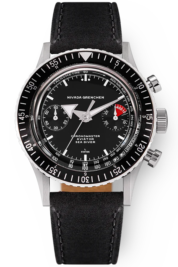 Nivada Grenchen Chronomaster Aviator Sea Diver White Broad Arrow Manual & Black Leather 86007WM03