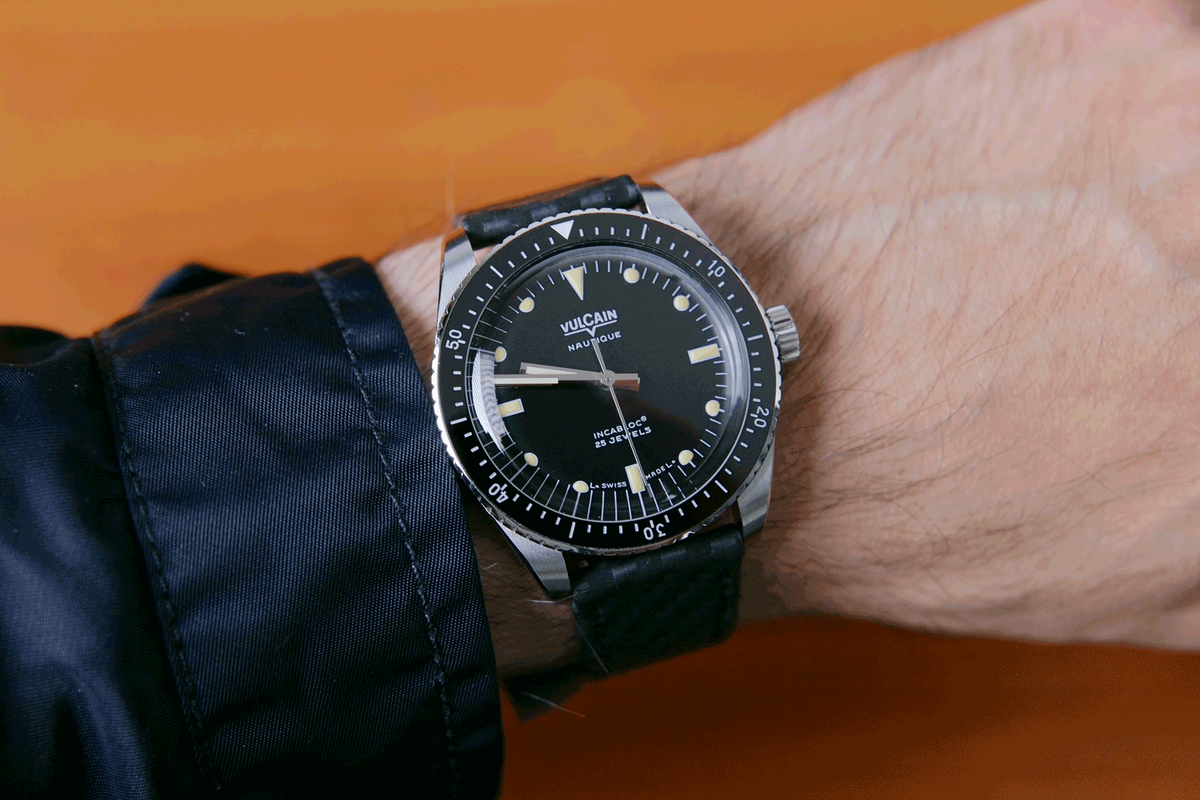 Vulcain Skindiver Nautique Black & Carbon Leather Strap 660170A07.BAC243