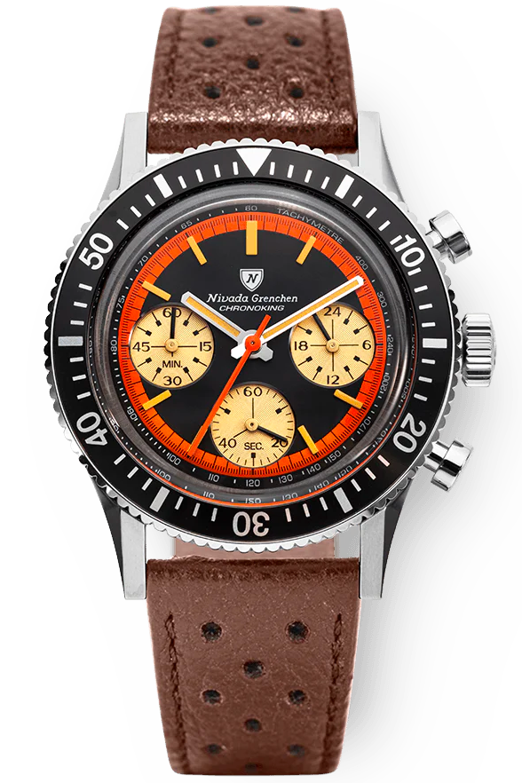 Nivada Grenchen Chronoking "Paul Newman" orange, brown bracelet 87034Q23