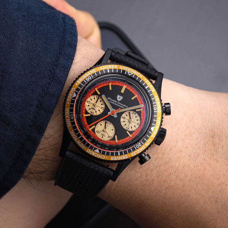 Nivada Grenchen Chronoking Mecaquartz Svart & Gummi 87041Q01