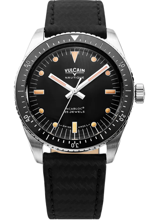 Vulcain Skindiver Nautique Black & Carbon Leather Strap 660170A07.BAC243