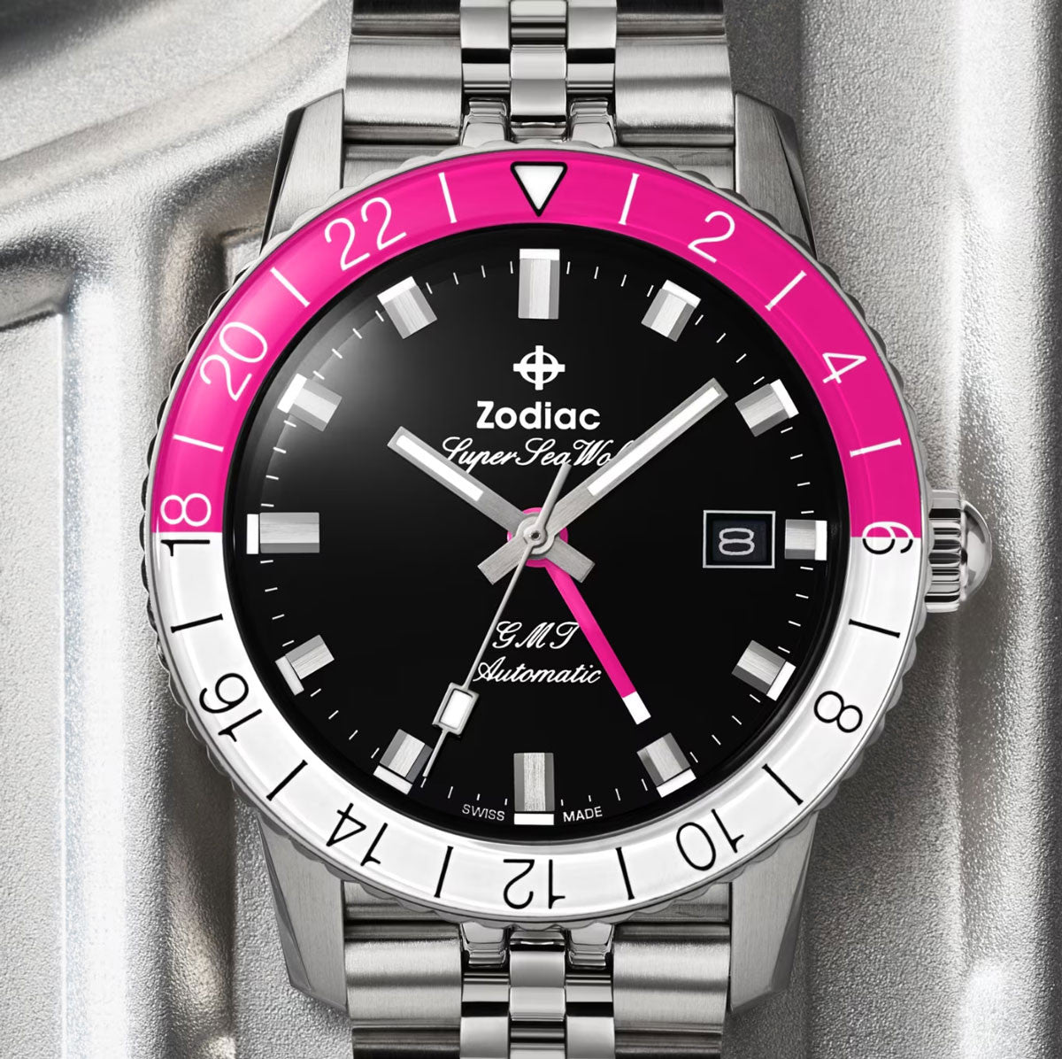 Zodiac Super Sea Wolf GMT Rosa & Länk i stål ZO9416