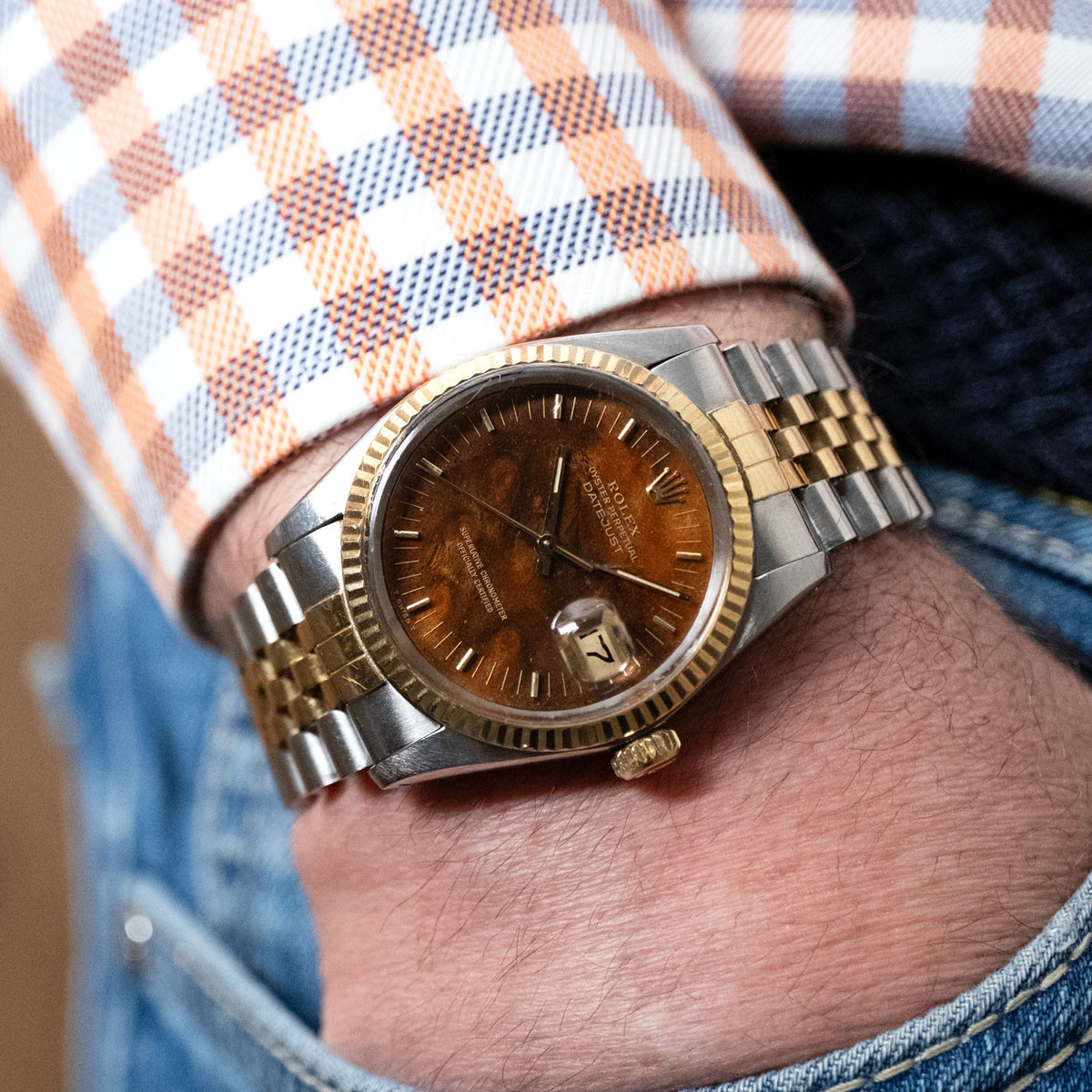 PRE-OWNED Rolex Datejust 36 Gold & Steel "Burl Wood Dial" 160132