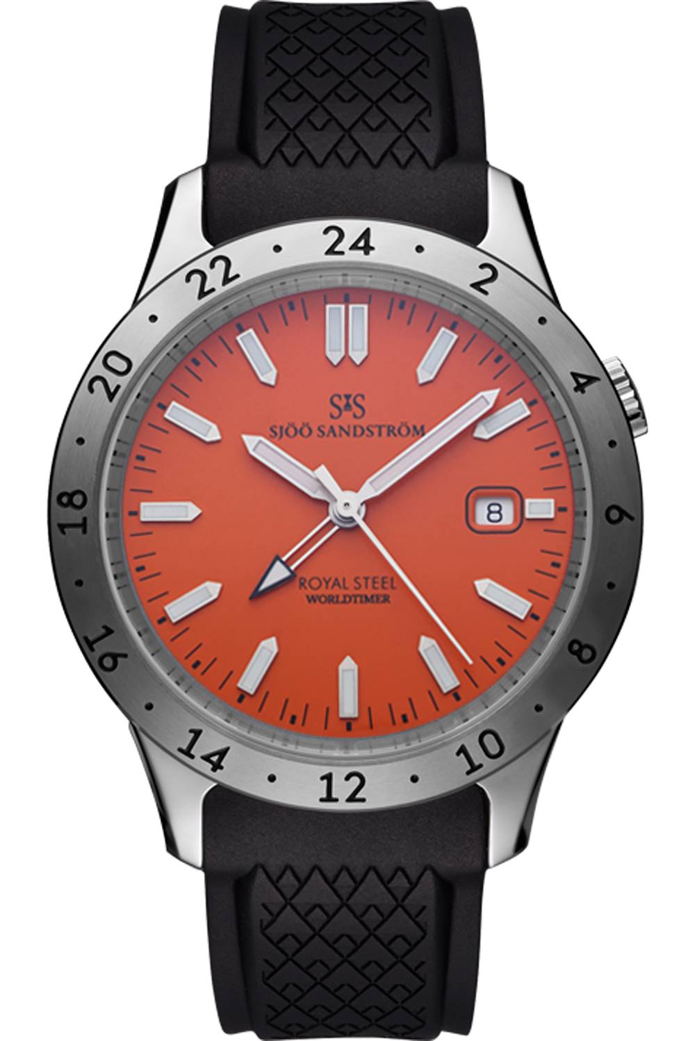 Sjöö Sandström - Royal Steel Worldtimer 41mm Orange & Gummiband 020098