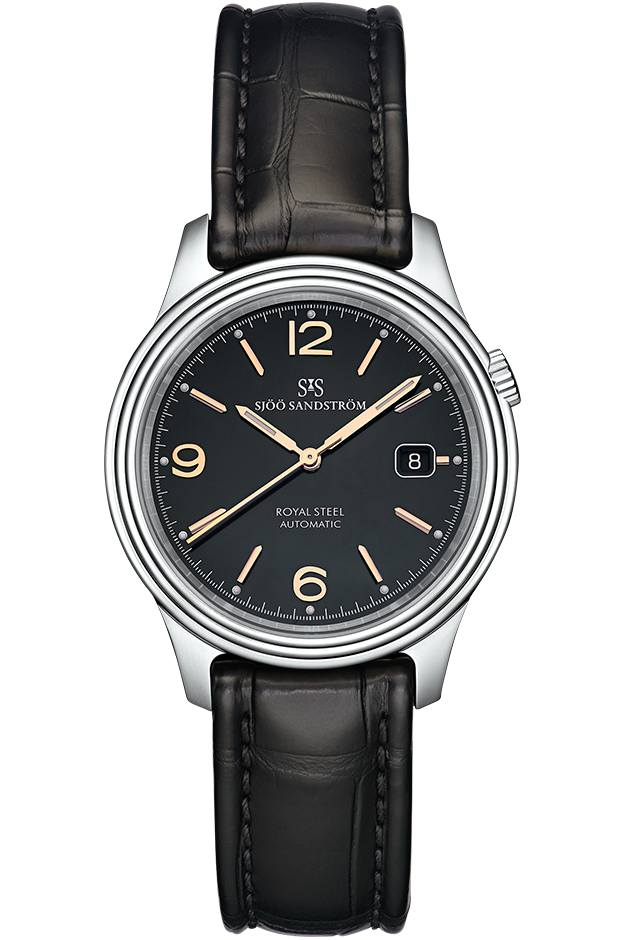 Sjöö Sandström - Royal Steel Classic 41mm Black, Rose Gold Index & Alligator Strap 009024