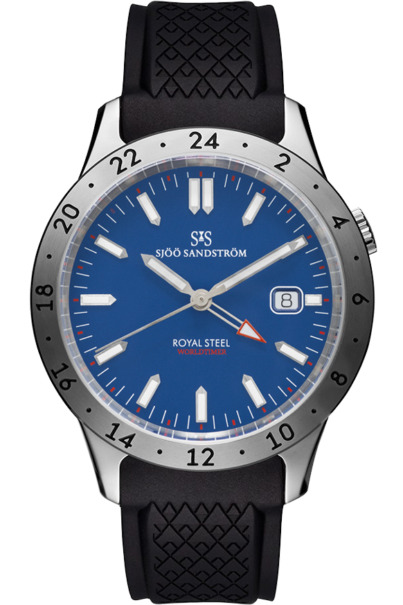 Sjöö Sandström - Royal Steel Worldtimer 41mm Blå Urtavla & Gummiband 020791