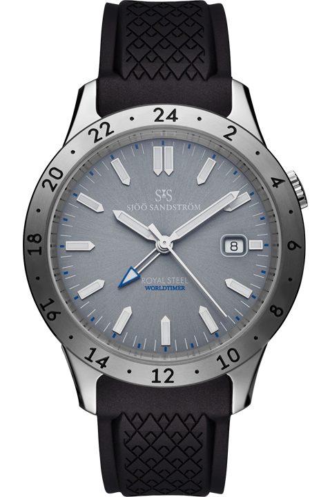 Sjöö Sandström - Royal Steel Worldtimer 41mm Grå & Gummiband 020029