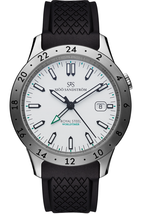 Sjöö Sandström - Royal Steel Worldtimer 41mm Vit & Gummiband 020135