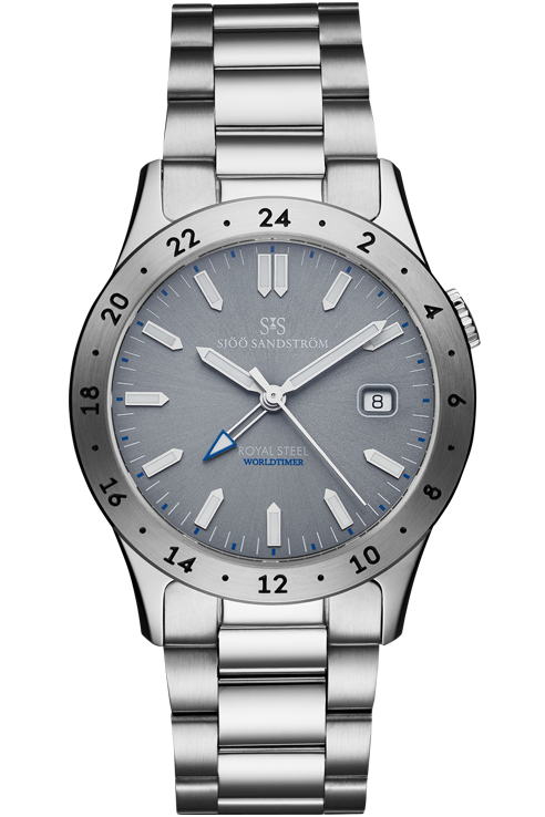 Sjöö Sandström - Royal Steel Worldtimer 36mm Grå & Stållänk 020500