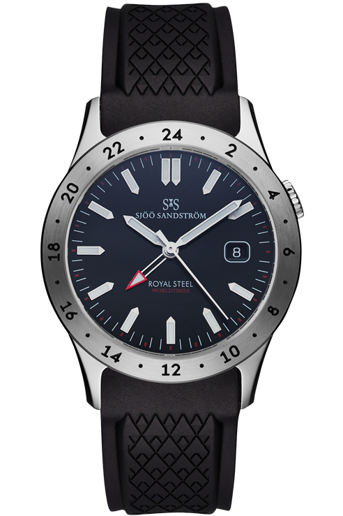 Sjöö Sandström - Royal Steel Worldtimer 36mm Svart & Gummiband 020432