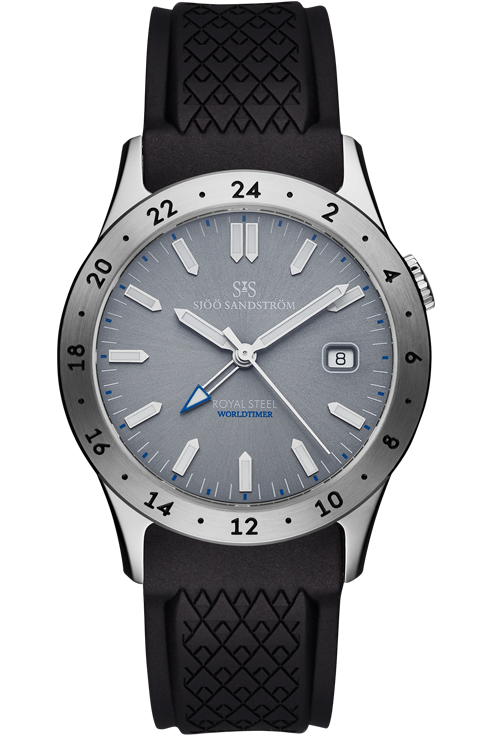 Sjöö Sandström - Royal Steel Worldtimer 36mm Grå & Gummiband 020494
