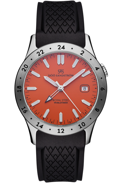 Sjöö Sandström - Royal Steel Worldtimer 36mm Orange & Gummiband 020548