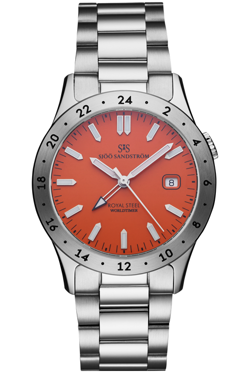 Sjöö Sandström - Royal Steel Worldtimer 36mm Orange & Stållänk 020555