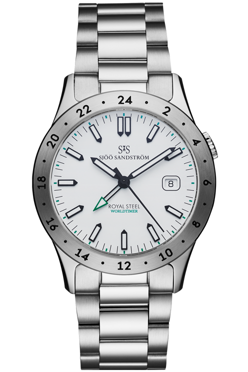 Sjöö Sandström - Royal Steel Worldtimer 36mm Vit & Stållänk 020593